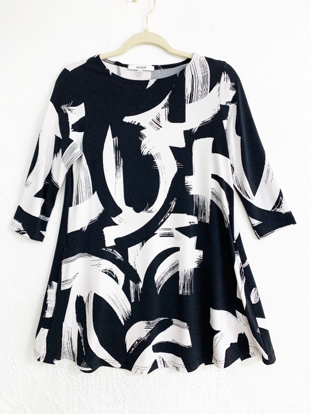 Sympli Jersey Knit Brushstroke Pocket Tunic Black & White Sz 4